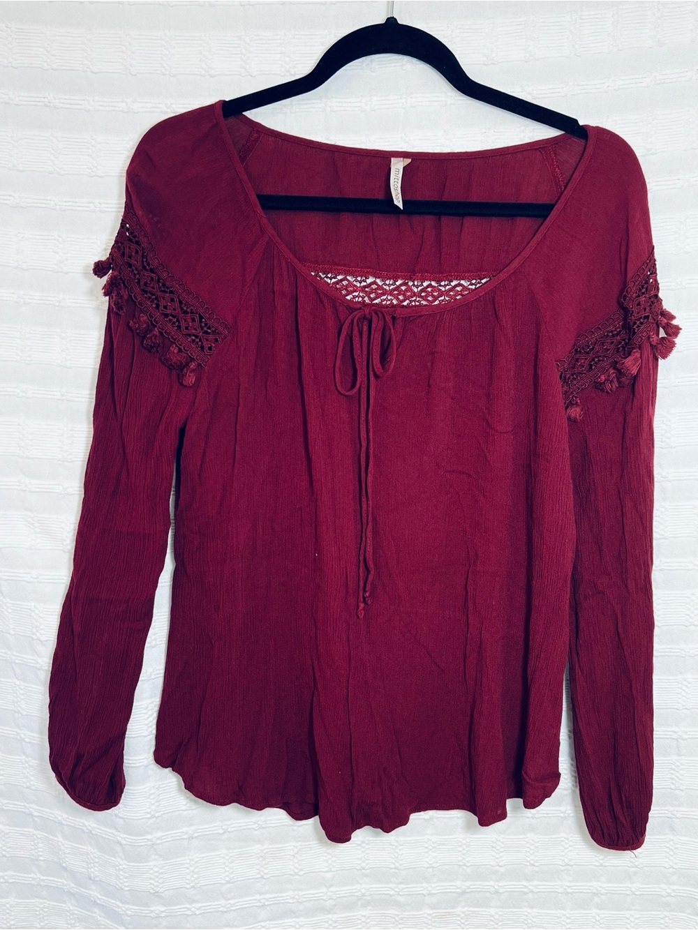 Mittoshop Burgundy Crochet-Trim Tie-Front Long Sleeve Top